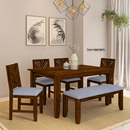 Tourconing Sheesham Wood 6 Seater Dining Set in Scratch Resistant Provincial Teak Finish With Bench