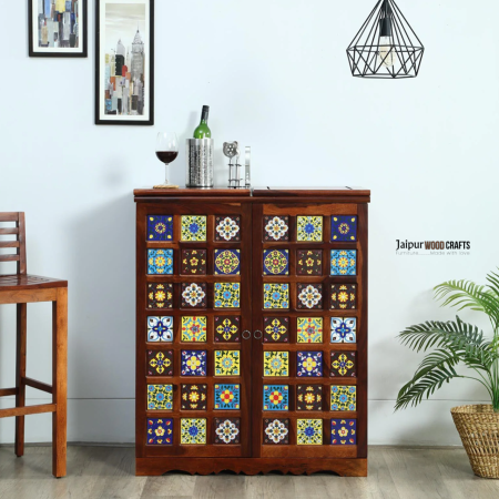 Siramika Sheesham Wood Bar Cabinet In Honey Oak Finish