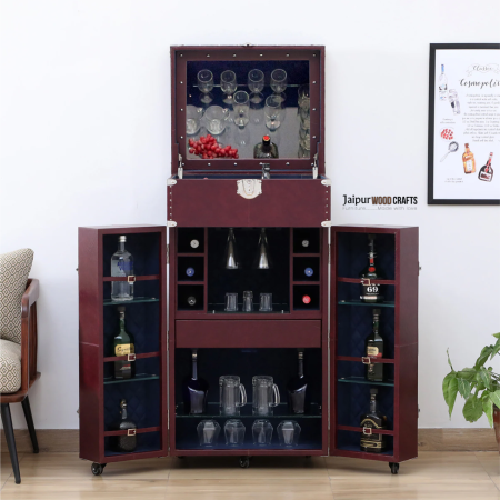 Chavez Leatherette Two Door Bar Cabinet In Wine Red Colour