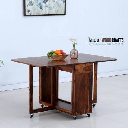 Carion Sheesham Wood Foldable 4 Seater Dining Table In Scratch Resistant Honey Oak Finish With Wheels